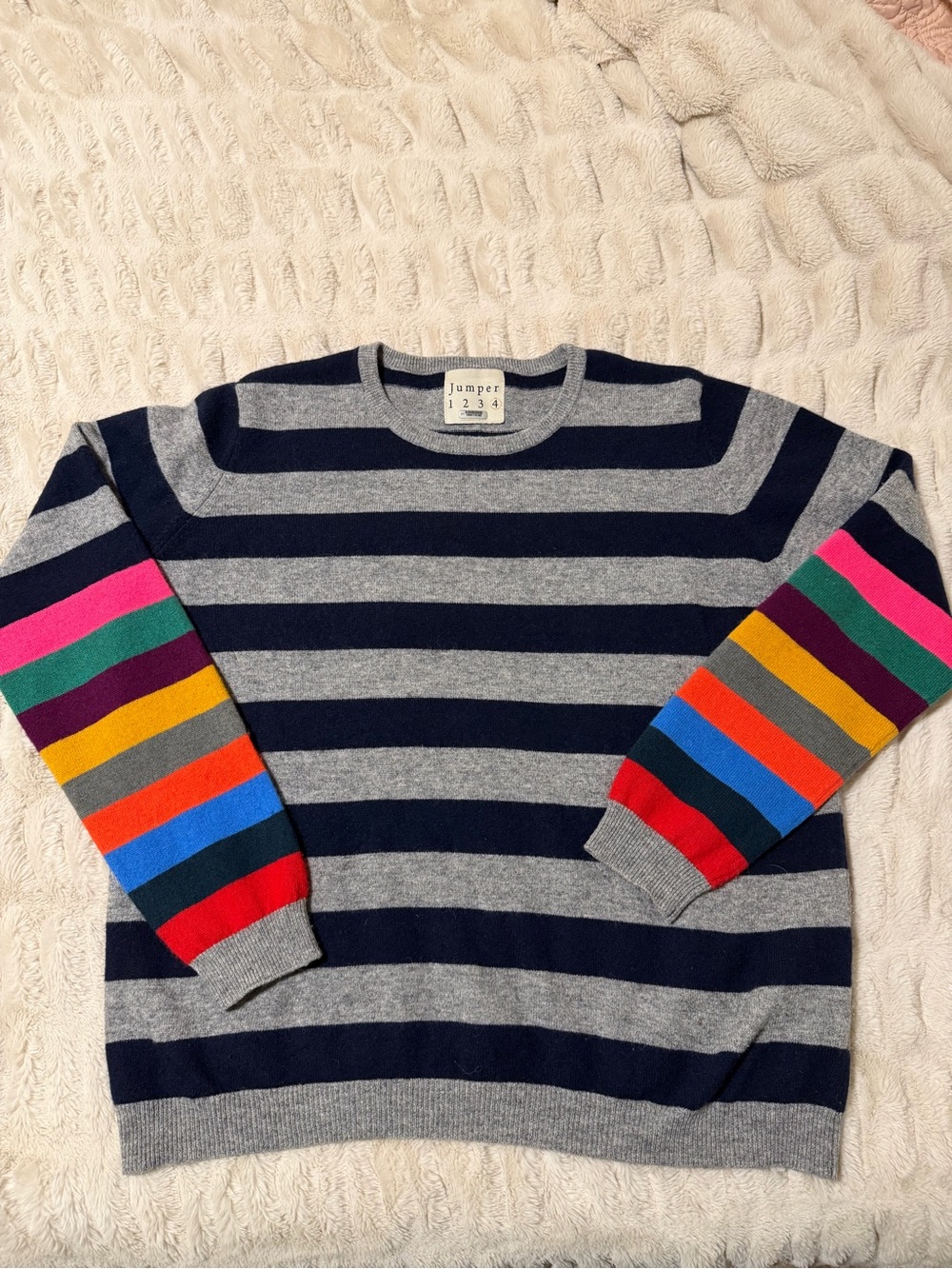 Jumper 1234 100% Cashmere Multicolor Striped Crewneck Sweater - Gray/Navy